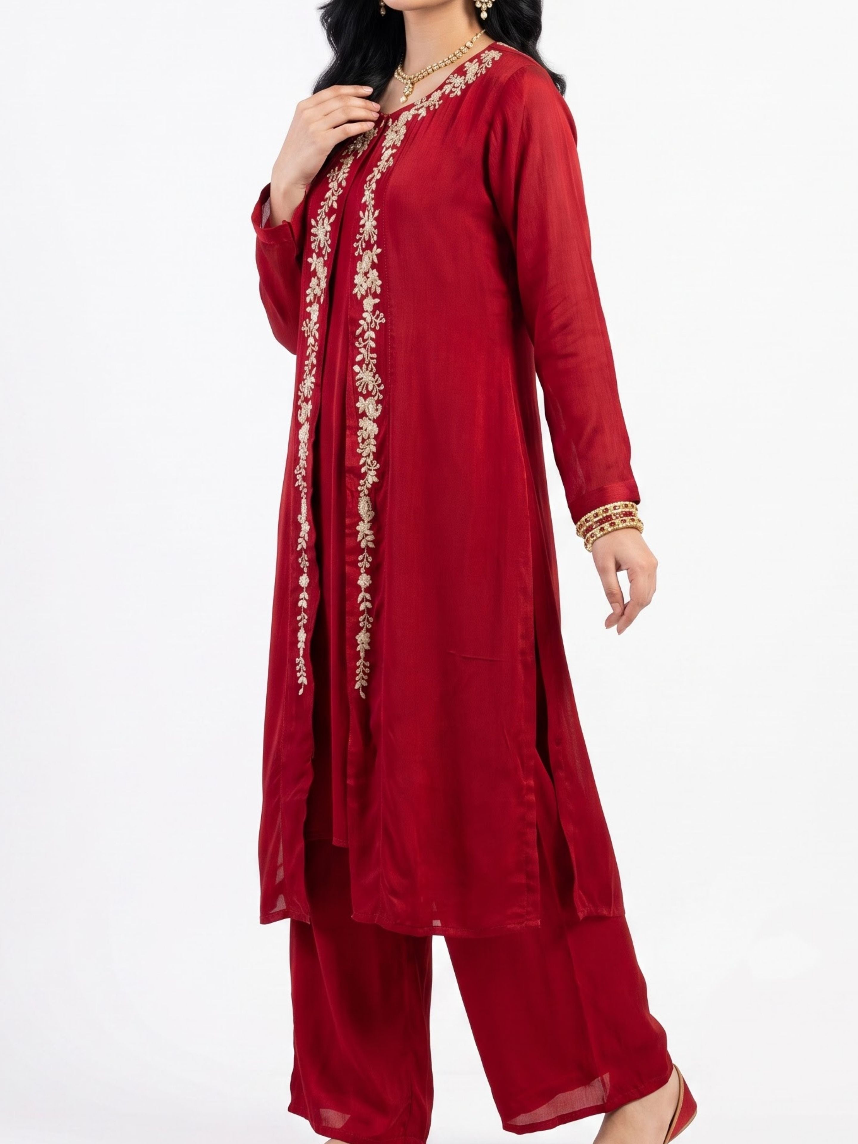 Red Chinon Shirt, Palazzo, Shrug And Dupatta with Cutdana, Sequins, Pearl and Dabka Embroidery 3